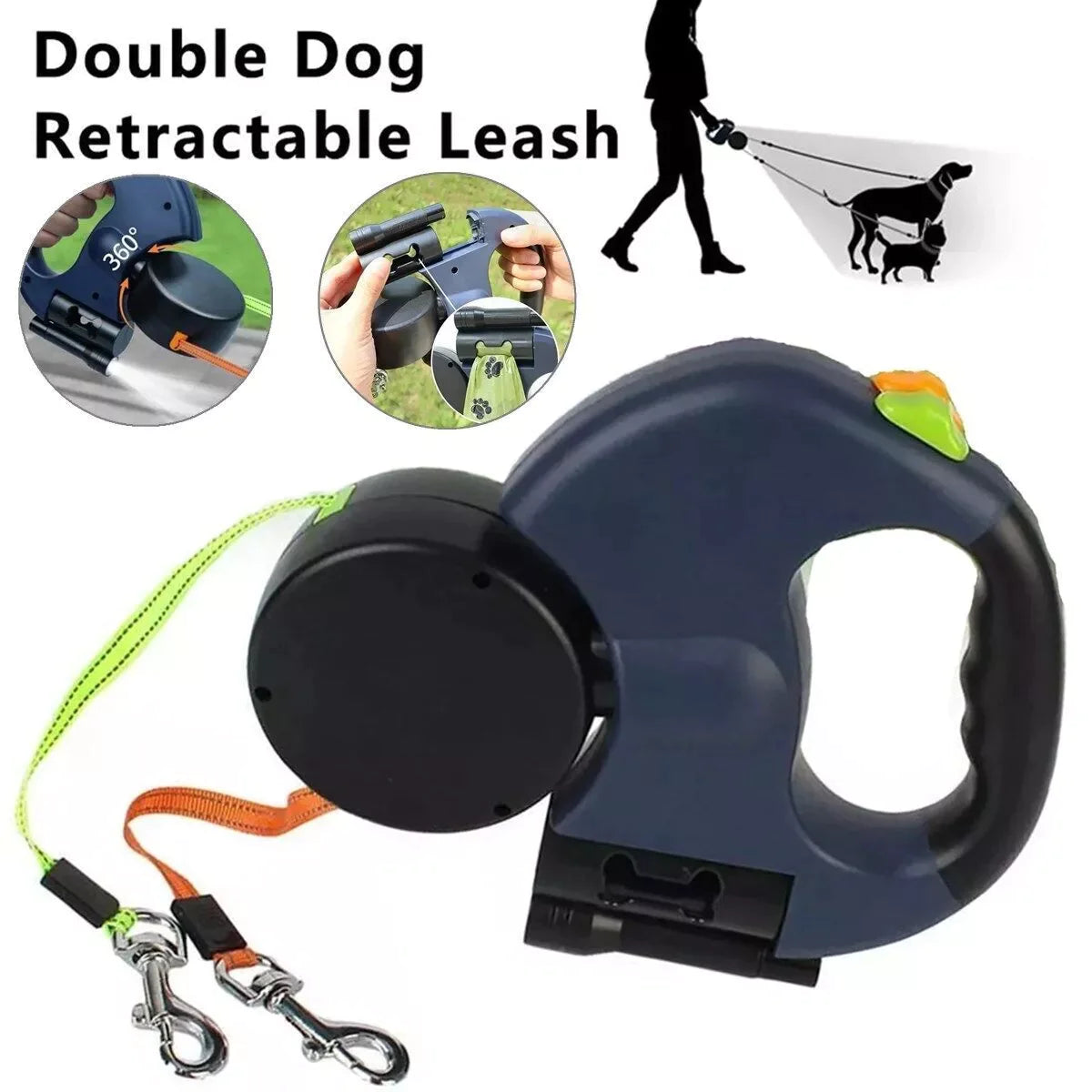 Dual Pet Leash (Retractable Reflective Lead w/360 Swivel)