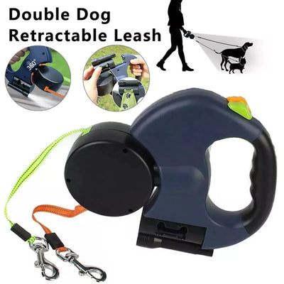 Dual Pet Leash (Retractable Reflective Lead w/360 Swivel)