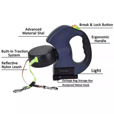 Dual Pet Leash (Retractable Reflective Lead w/360 Swivel)