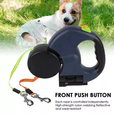 Dual Pet Leash (Retractable Reflective Lead w/360 Swivel)