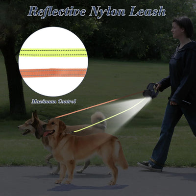 Dual Pet Leash (Retractable Reflective Lead w/360 Swivel)