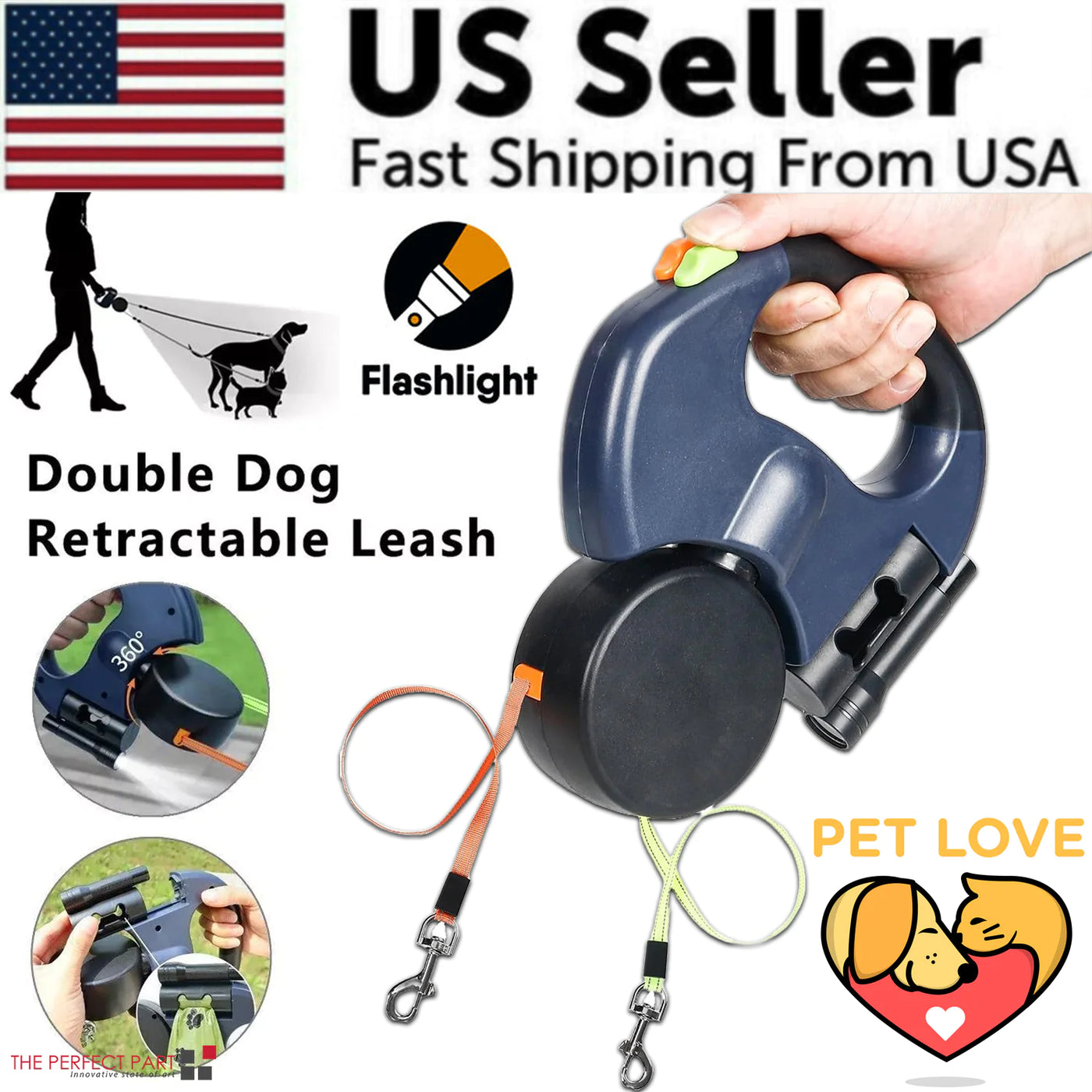 Dual Pet Leash (Retractable Reflective Lead w/360 Swivel)