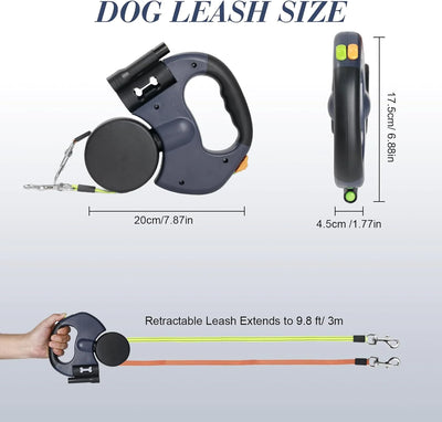 Dual Pet Leash (Retractable Reflective Lead w/360 Swivel)