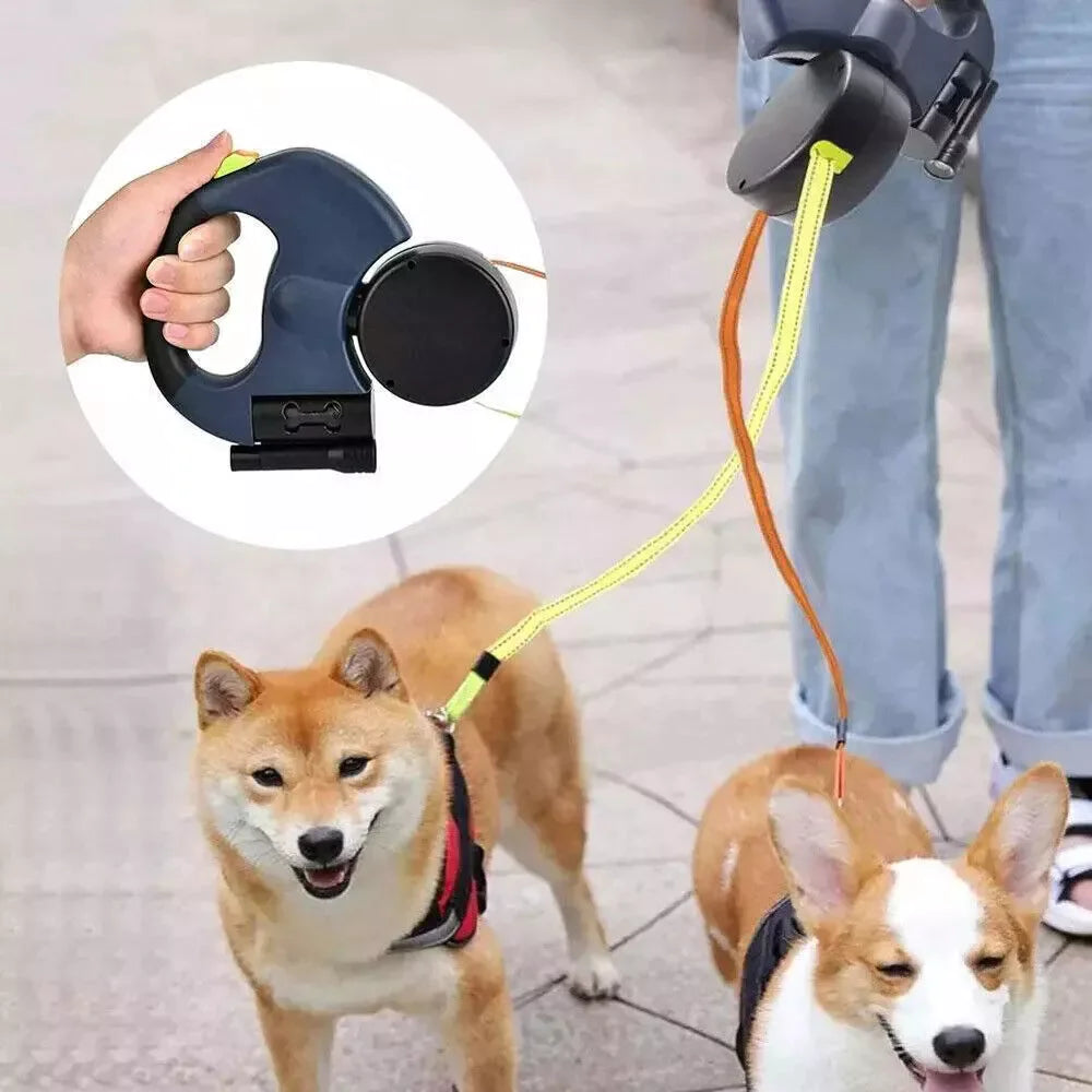 Dual Pet Leash (Retractable Reflective Lead w/360 Swivel)