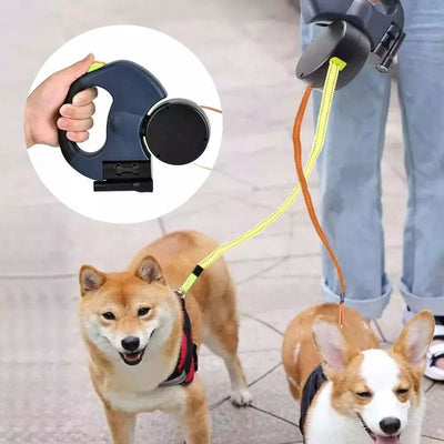 Dual Pet Leash (Retractable Reflective Lead w/360 Swivel)
