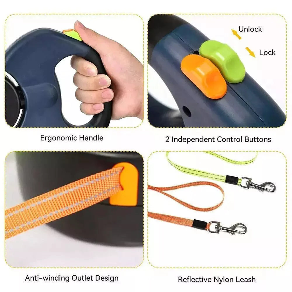 Dual Pet Leash (Retractable Reflective Lead w/360 Swivel)