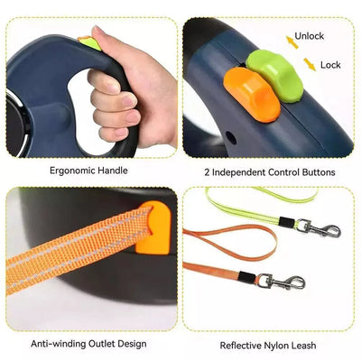 Dual Pet Leash (Retractable Reflective Lead w/360 Swivel)
