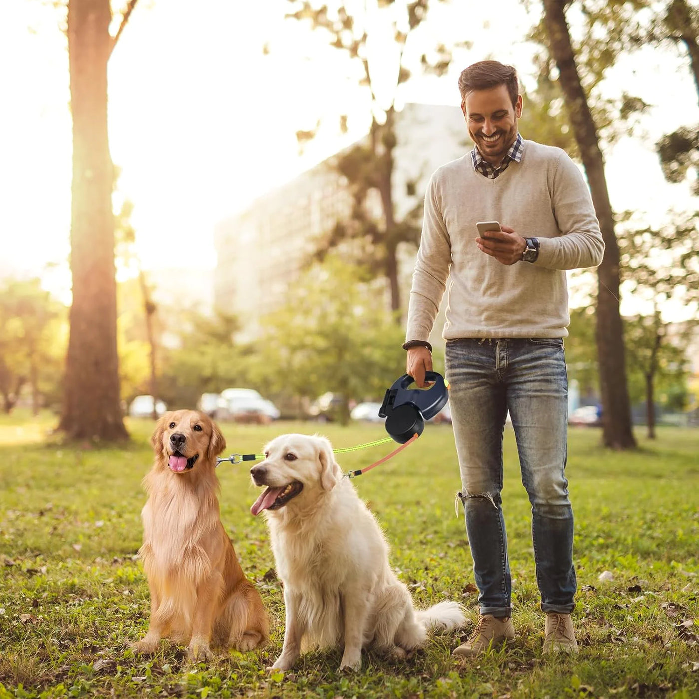 Dual Pet Leash (Retractable Reflective Lead w/360 Swivel)